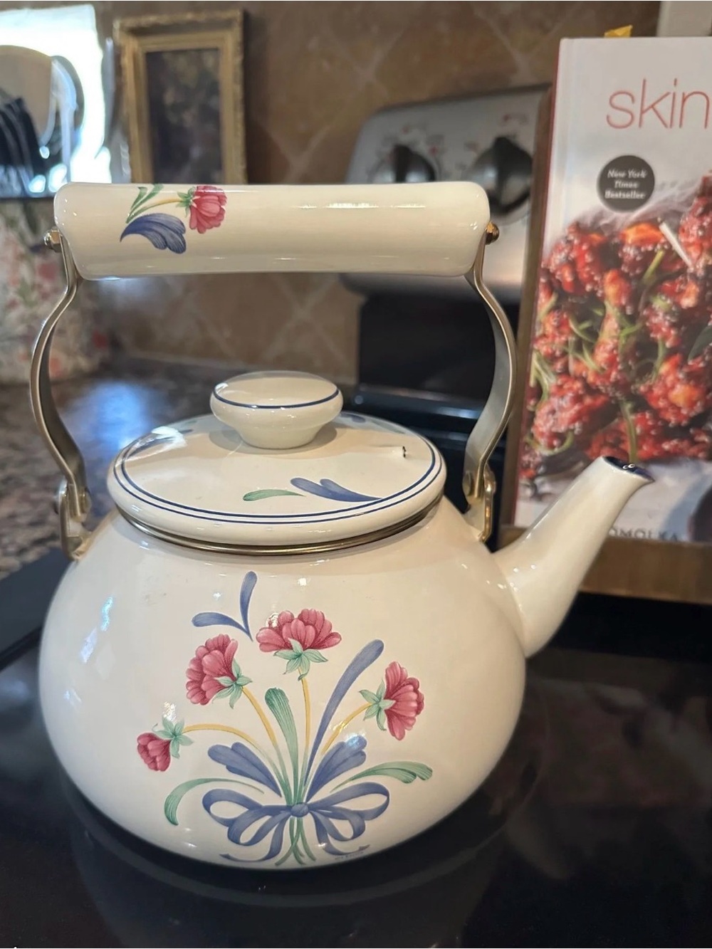 Vintage Lenox White Ceramic Teapot with Pink Floral & Blue Accents